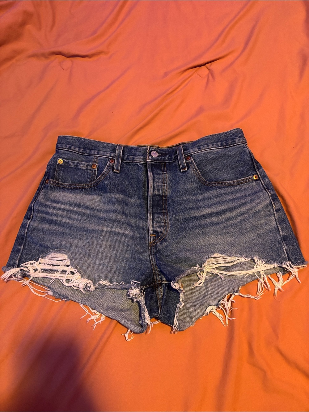 High-Rise Distressed Denim Shorts in Blue